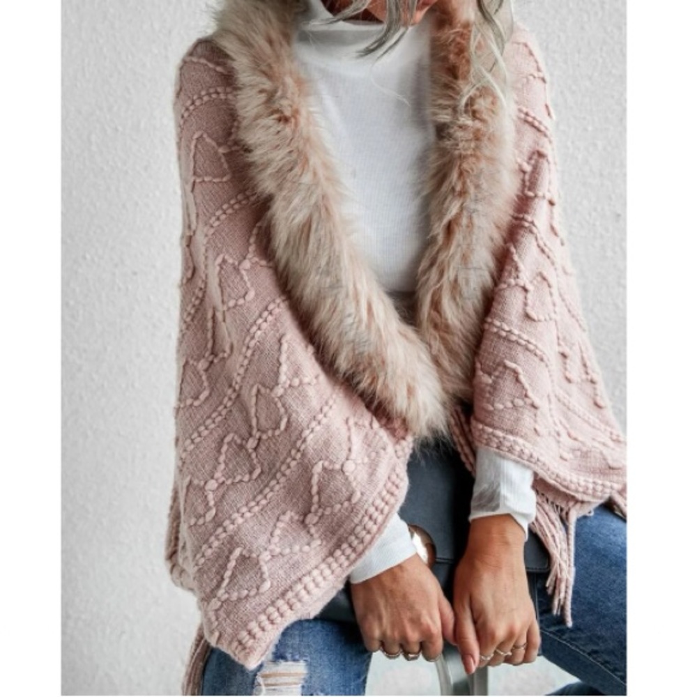 Boho vegan fur sweater cardigan open poncho - Picture 16 of 16